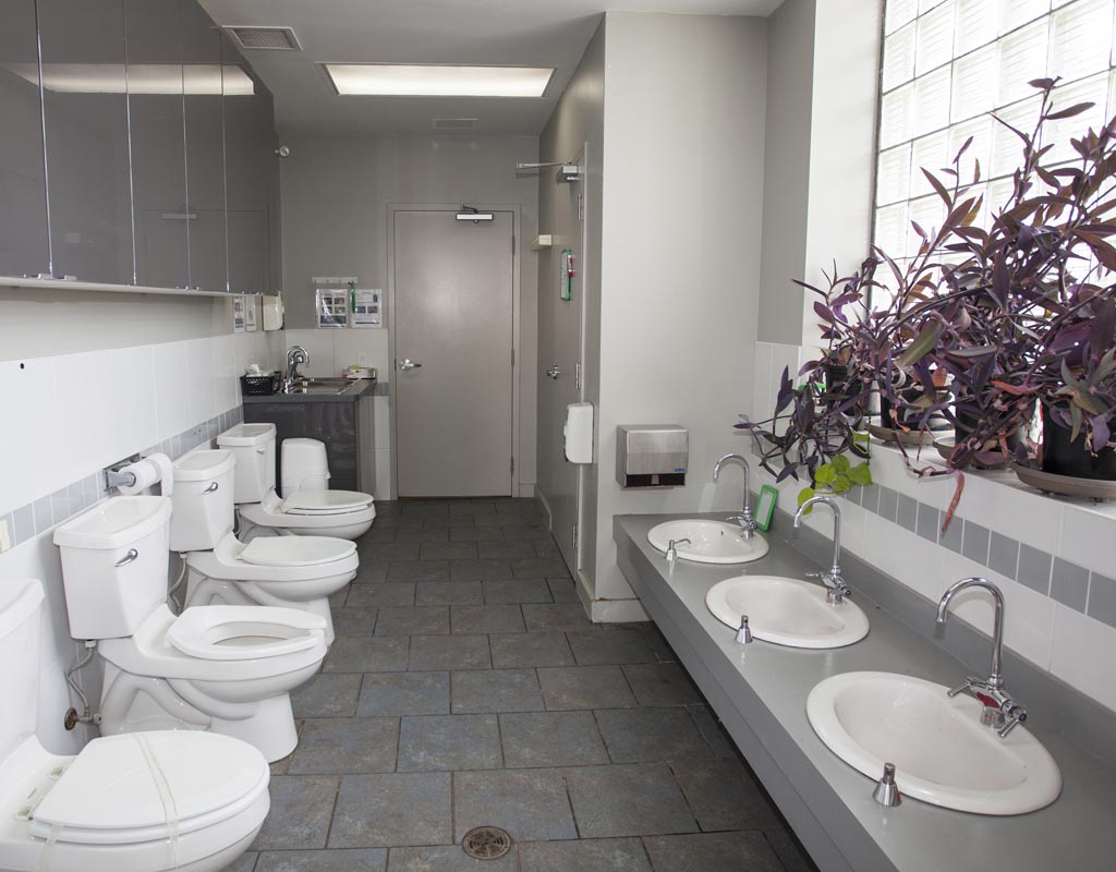 Green Apple Kids washroom with child sized toilets and sinks at child height.
